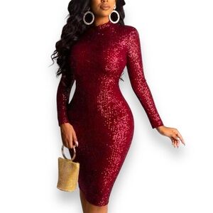 Red sequined long sleeve bodycon dress